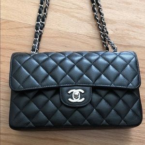 Chanel small quilted caviar double flap bag set